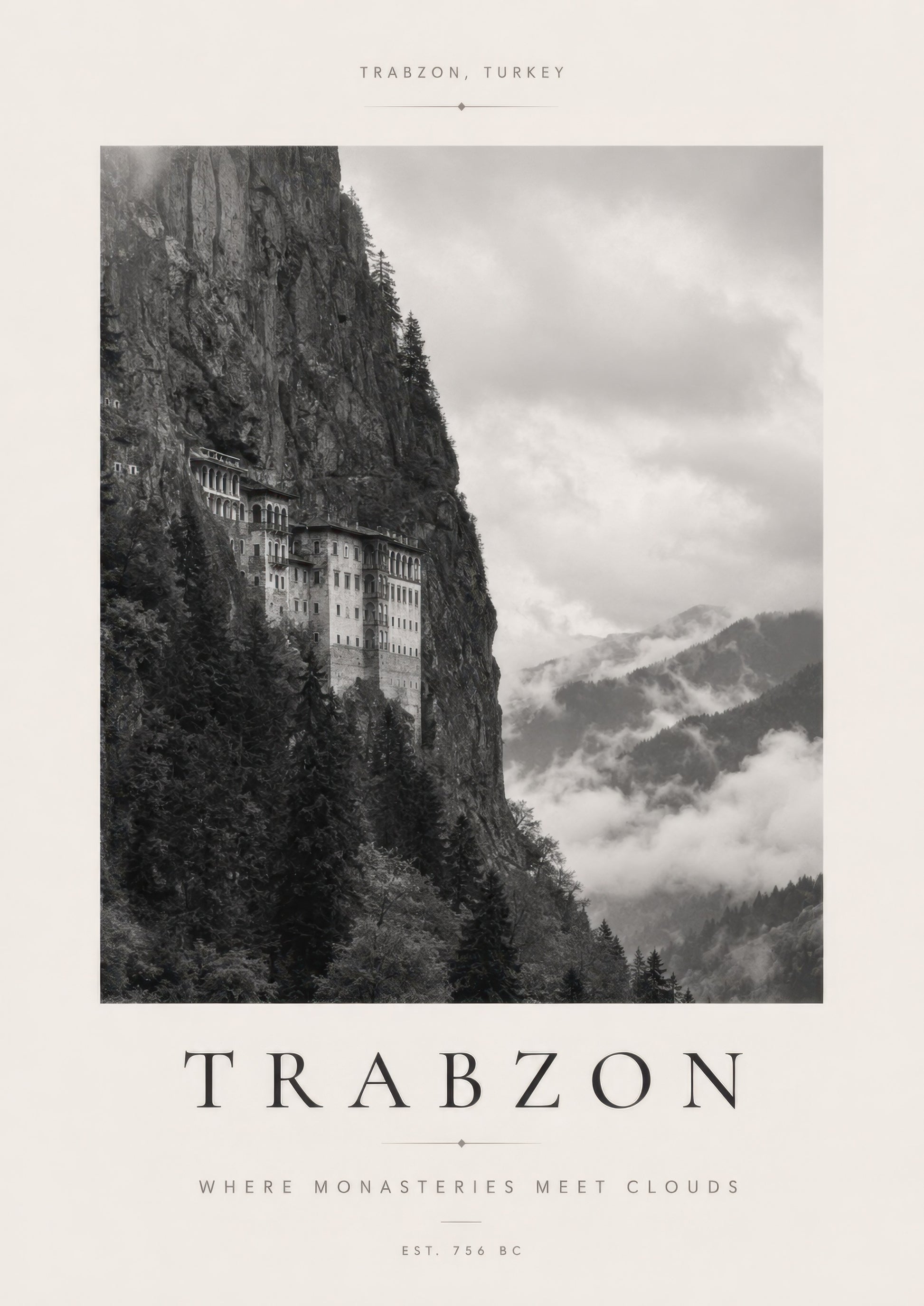 Siyah Beyaz Trabzon Sümela Manastırı Minimalist Fotoğraf Duvar Tablosu