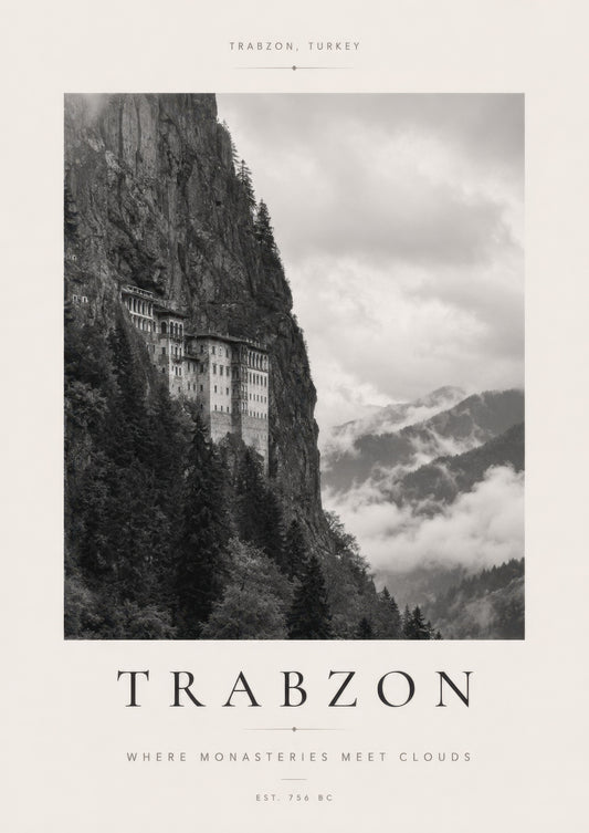 Siyah Beyaz Trabzon Sümela Manastırı Minimalist Fotoğraf Duvar Tablosu