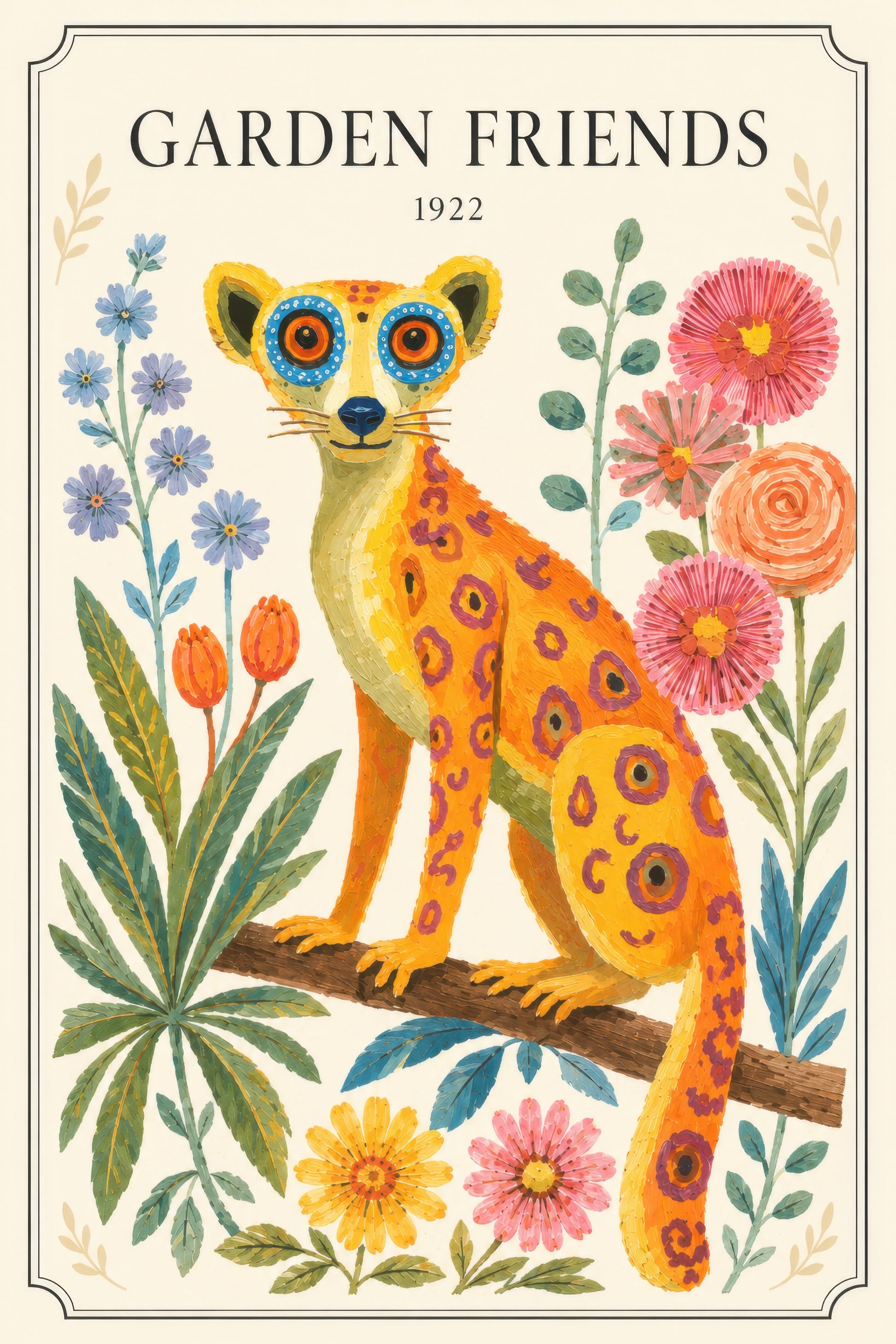 Sarı Pembe Leopar ve Çiçekler Botanik Vintage Duvar Tablosu