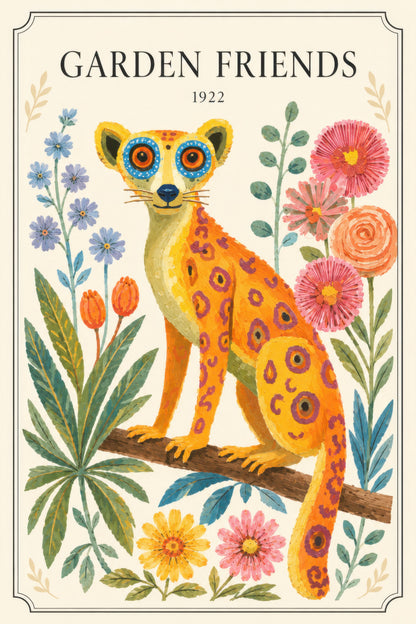 Sarı Pembe Leopar ve Çiçekler Botanik Vintage Duvar Tablosu