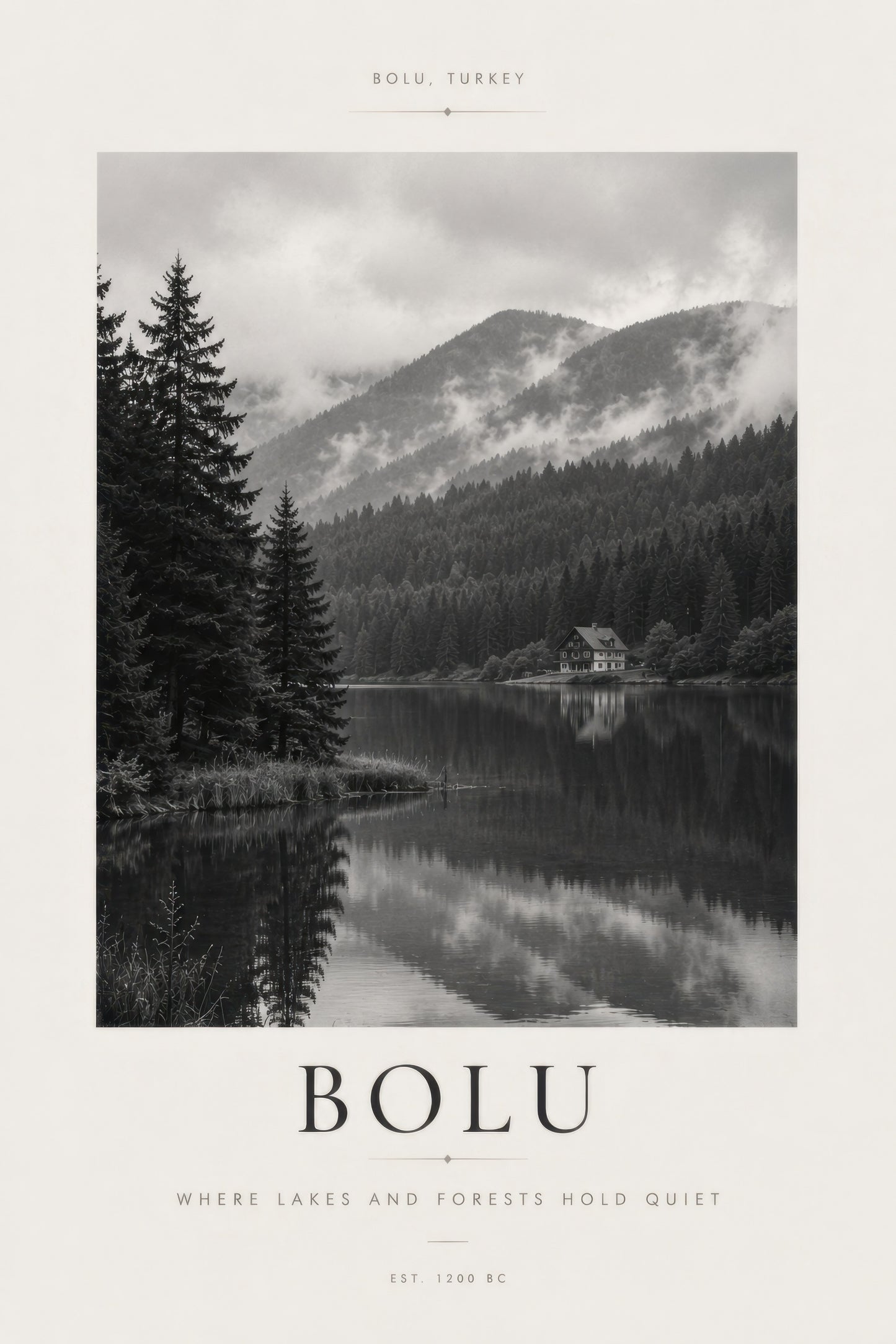 Gri Beyaz Bolu Göl Manzarası Siyah Beyaz Fotoğraf Duvar Tablosu