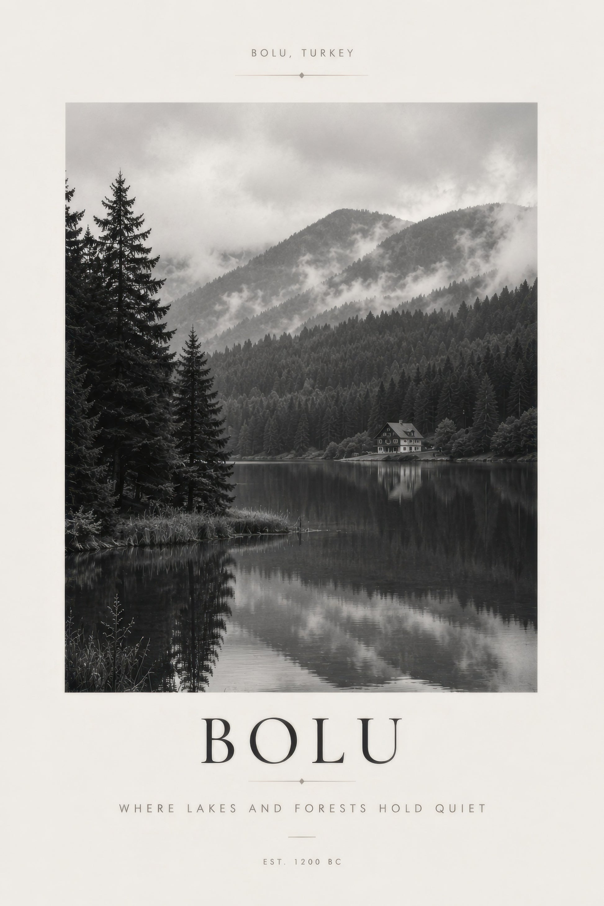 Gri Beyaz Bolu Göl Manzarası Siyah Beyaz Fotoğraf Duvar Tablosu