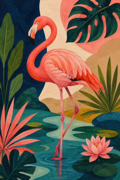 Pembe Yeşil Flamingo Tropik Bitki Manzarası Dekoratif Duvar Tablosu
