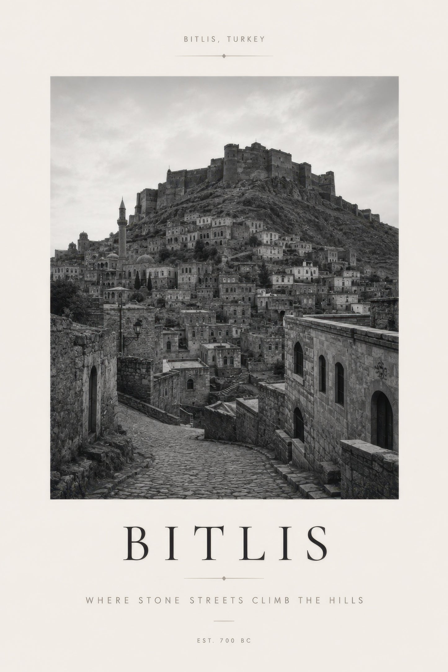 Gri Siyah Bitlis Kalesi Tarihi Mimari Duvar Tablosu