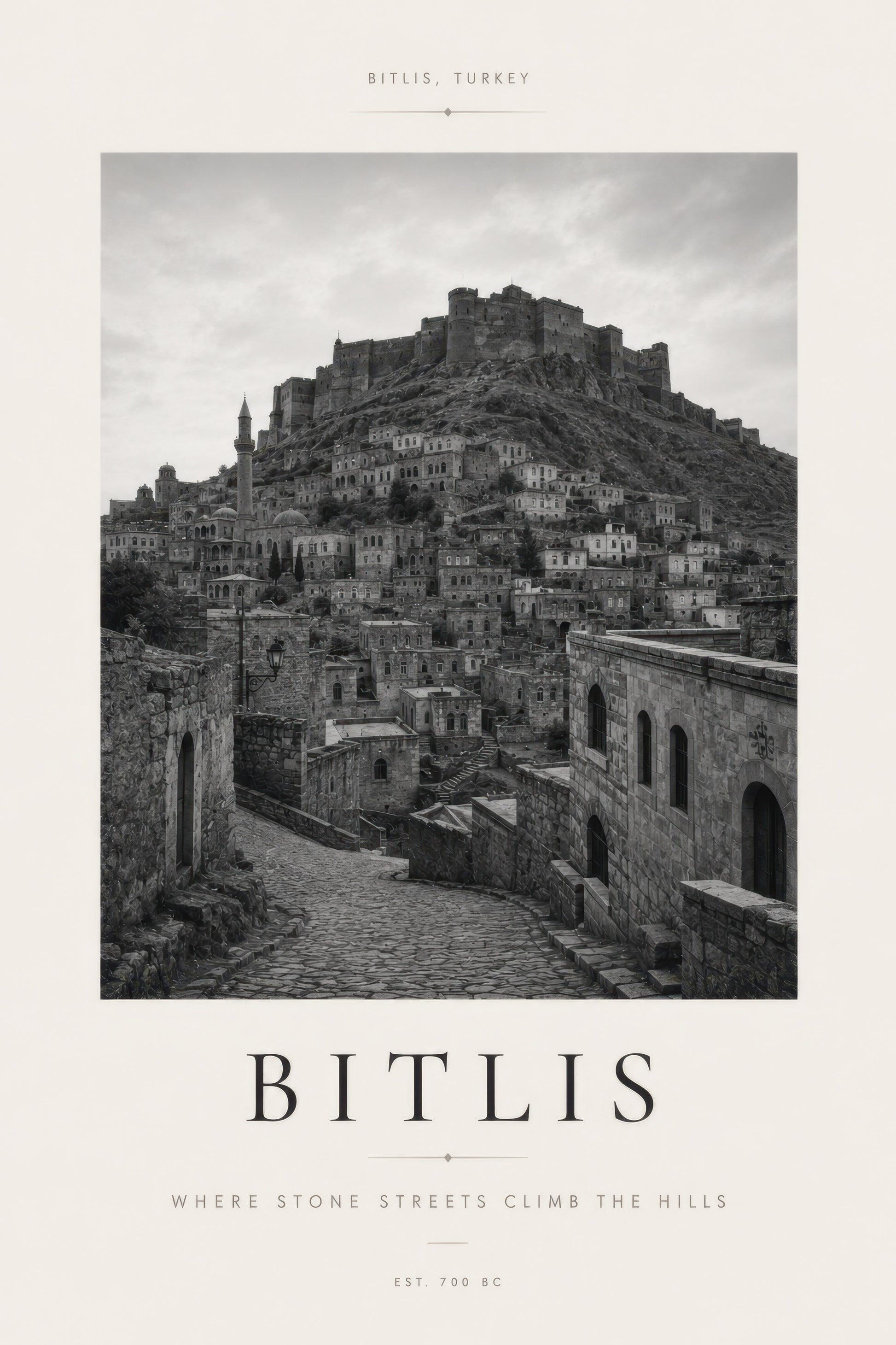 Gri Siyah Bitlis Kalesi Tarihi Mimari Duvar Tablosu