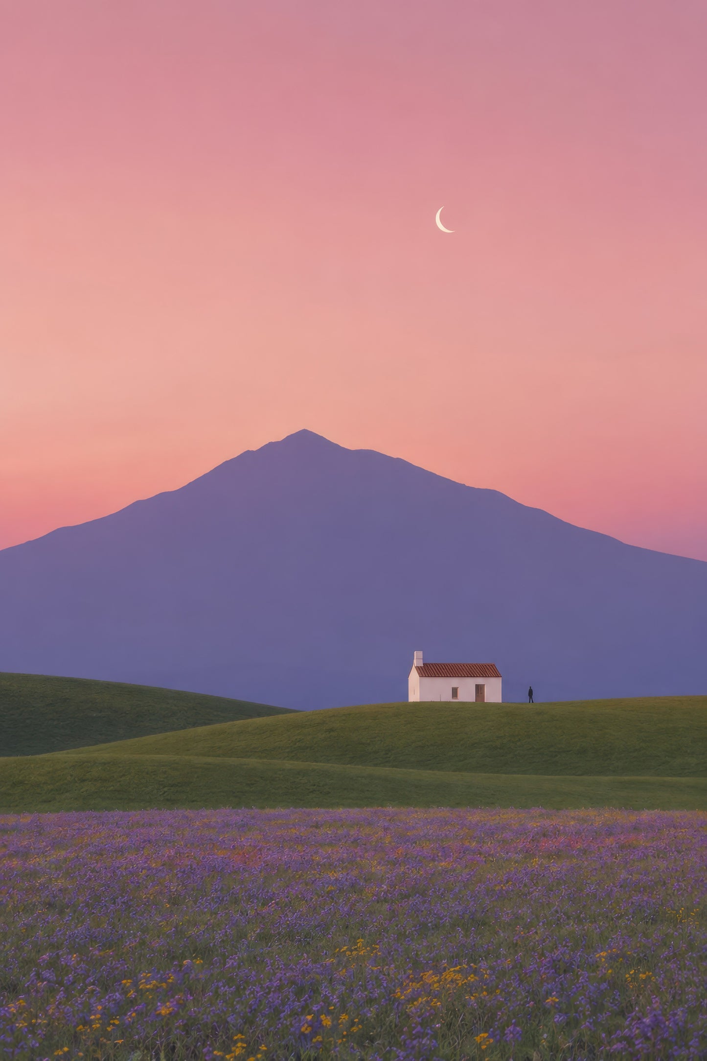 Pembe Mor Lavanta Tarlası Dağ Manzarası Minimalist Duvar Tablosu