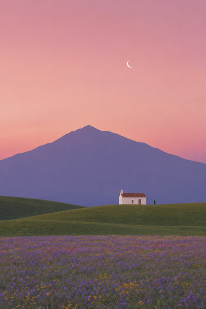 Pembe Mor Lavanta Tarlası Dağ Manzarası Minimalist Duvar Tablosu