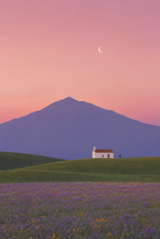 Pembe Mor Lavanta Tarlası Dağ Manzarası Minimalist Duvar Tablosu