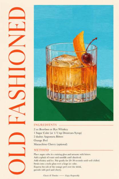 Turuncu Yeşil Old Fashioned Kokteyl Tarifi Retro Duvar Tablosu