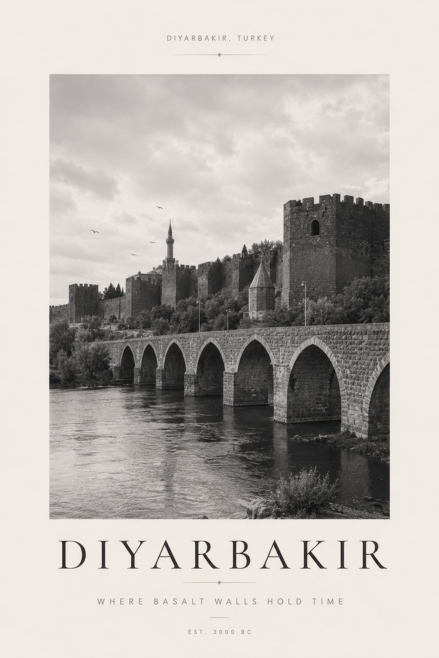 Siyah Beyaz Diyarbakır Kalesi Tarihi Mimari Duvar Tablosu