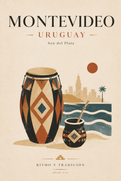 Bej Turuncu Montevideo Uruguay Geleneksel Enstrüman Retro Seyahat Duvar Tablosu