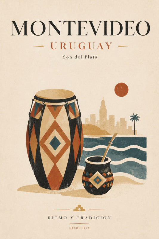 Bej Turuncu Montevideo Uruguay Geleneksel Enstrüman Retro Seyahat Duvar Tablosu