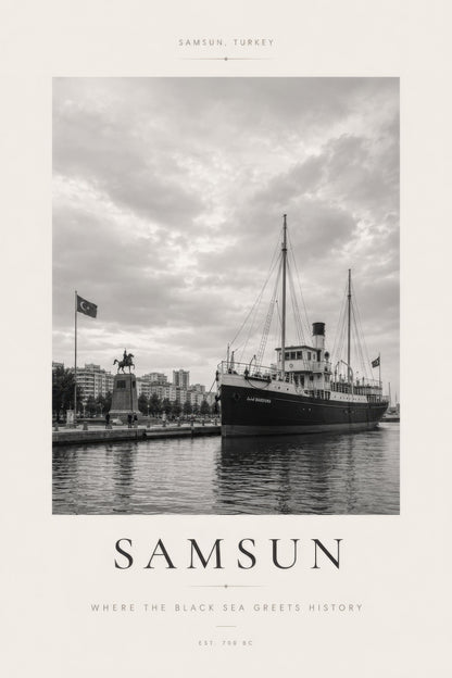 Gri Beyaz Samsun Limanı Nostaljik Fotoğraf Duvar Tablosu