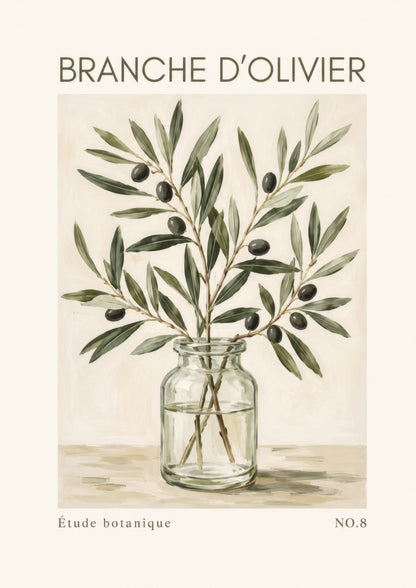 Zeytin Yeşili Krem Botanik Zeytin Dalı Vintage Duvar Tablosu