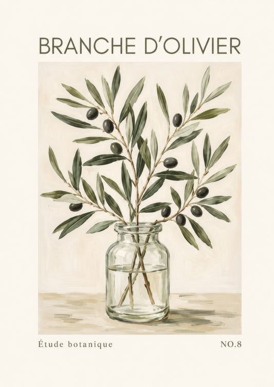 Zeytin Yeşili Krem Botanik Zeytin Dalı Vintage Duvar Tablosu