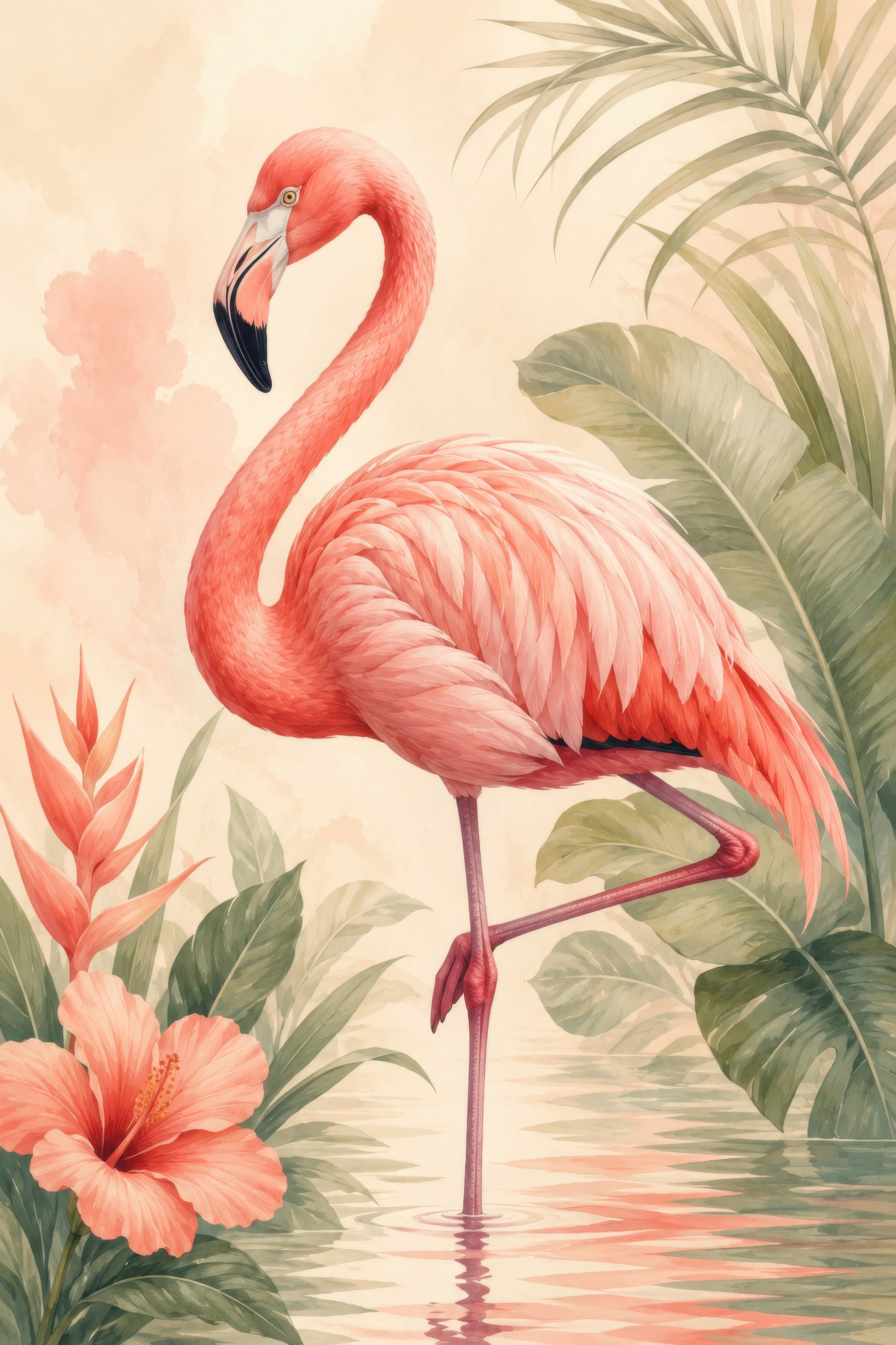 Pembe Yeşil Flamingo Tropik Yapraklar Suluboya Duvar Tablosu
