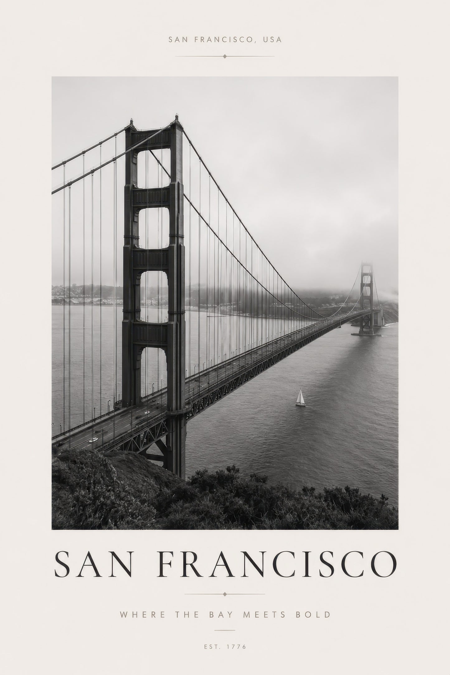 Siyah Beyaz San Francisco Golden Gate Köprüsü Şehir Manzarası Duvar Tablosu