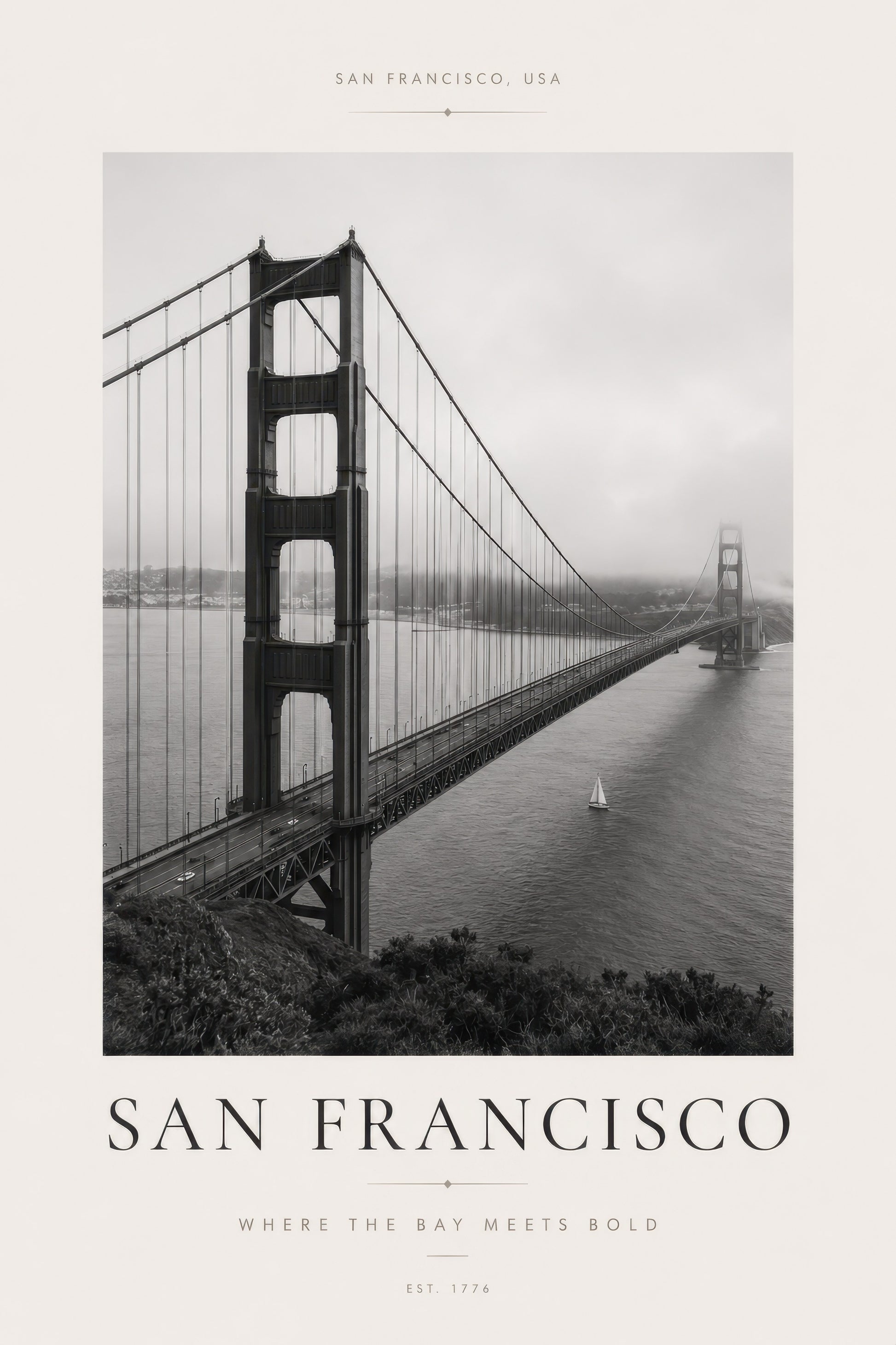 Siyah Beyaz San Francisco Golden Gate Köprüsü Şehir Manzarası Duvar Tablosu