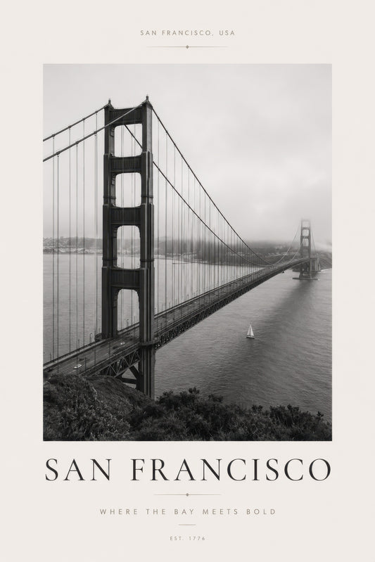 Siyah Beyaz San Francisco Golden Gate Köprüsü Şehir Manzarası Duvar Tablosu
