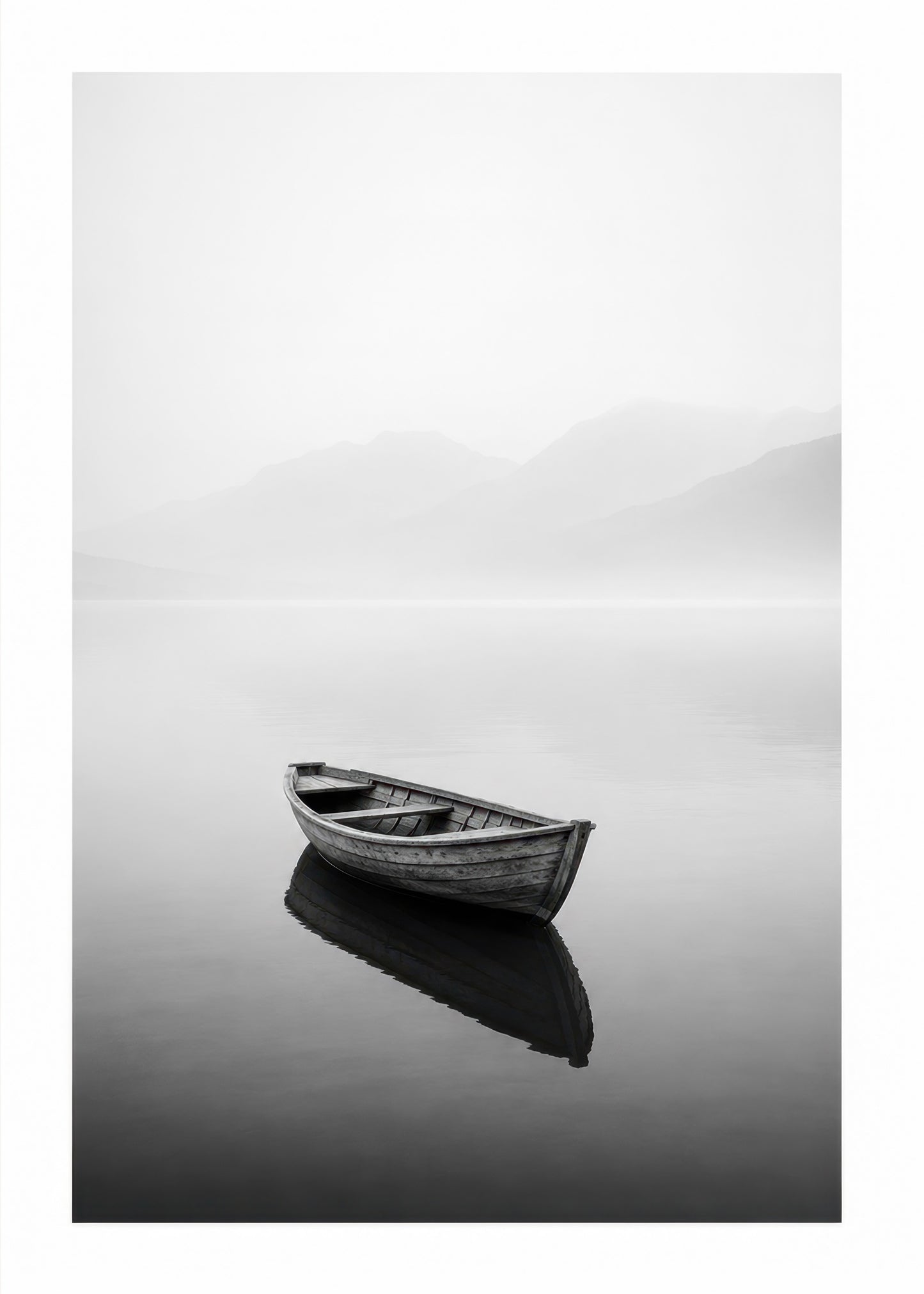 Gri Beyaz Kayık Göl Manzarası Minimalist Duvar Tablosu