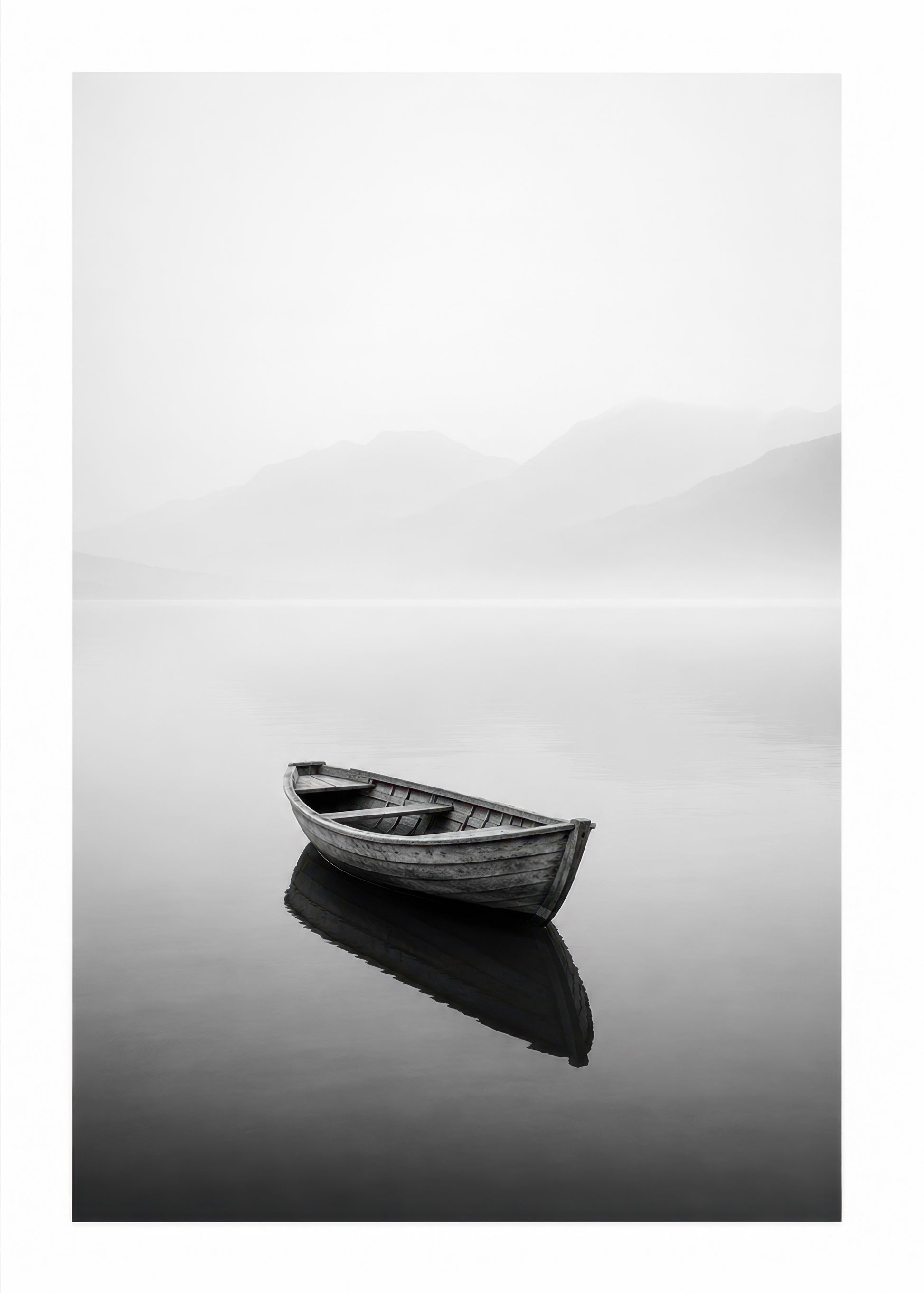 Gri Beyaz Kayık Göl Manzarası Minimalist Duvar Tablosu