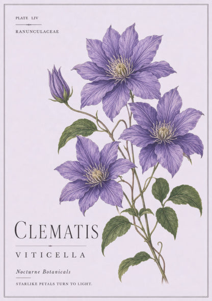 Mor Yeşil Clematis Çiçeği Botanik Duvar Tablosu
