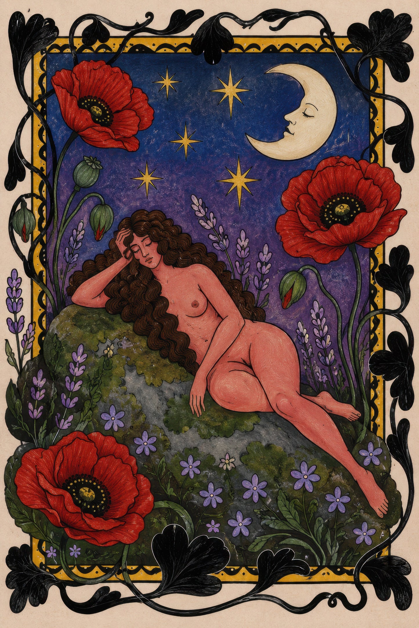 Mor Kırmızı Gelincik Ay Figürlü Art Nouveau Duvar Tablosu
