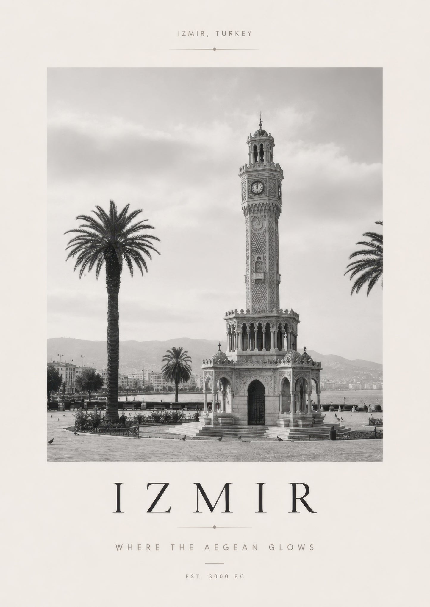 Siyah Beyaz İzmir Saat Kulesi Nostaljik Mimari Duvar Tablosu