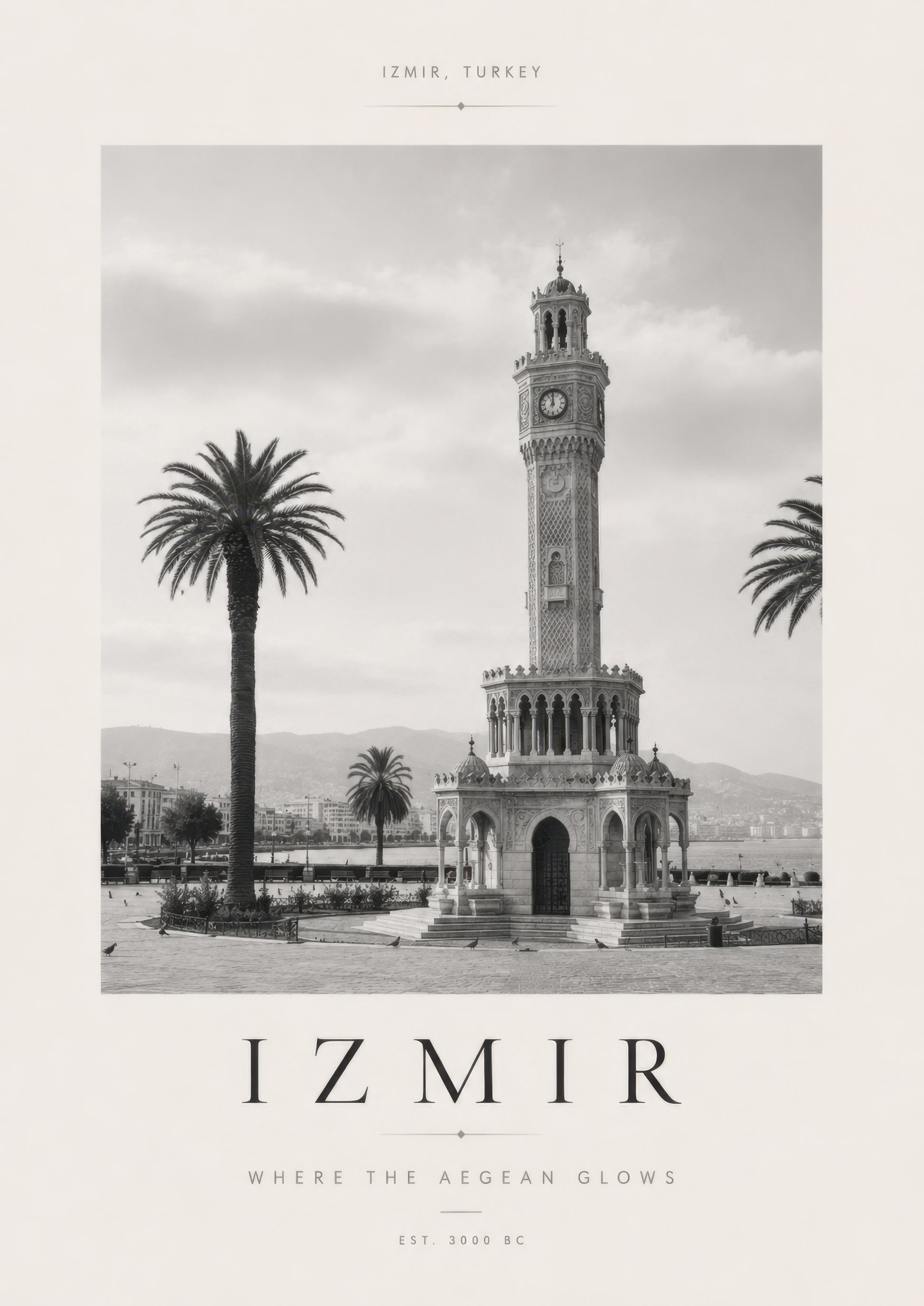 Siyah Beyaz İzmir Saat Kulesi Nostaljik Mimari Duvar Tablosu