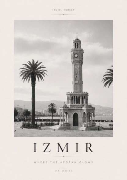 Siyah Beyaz İzmir Saat Kulesi Nostaljik Mimari Duvar Tablosu