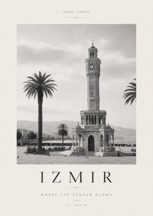 Siyah Beyaz İzmir Saat Kulesi Nostaljik Mimari Duvar Tablosu