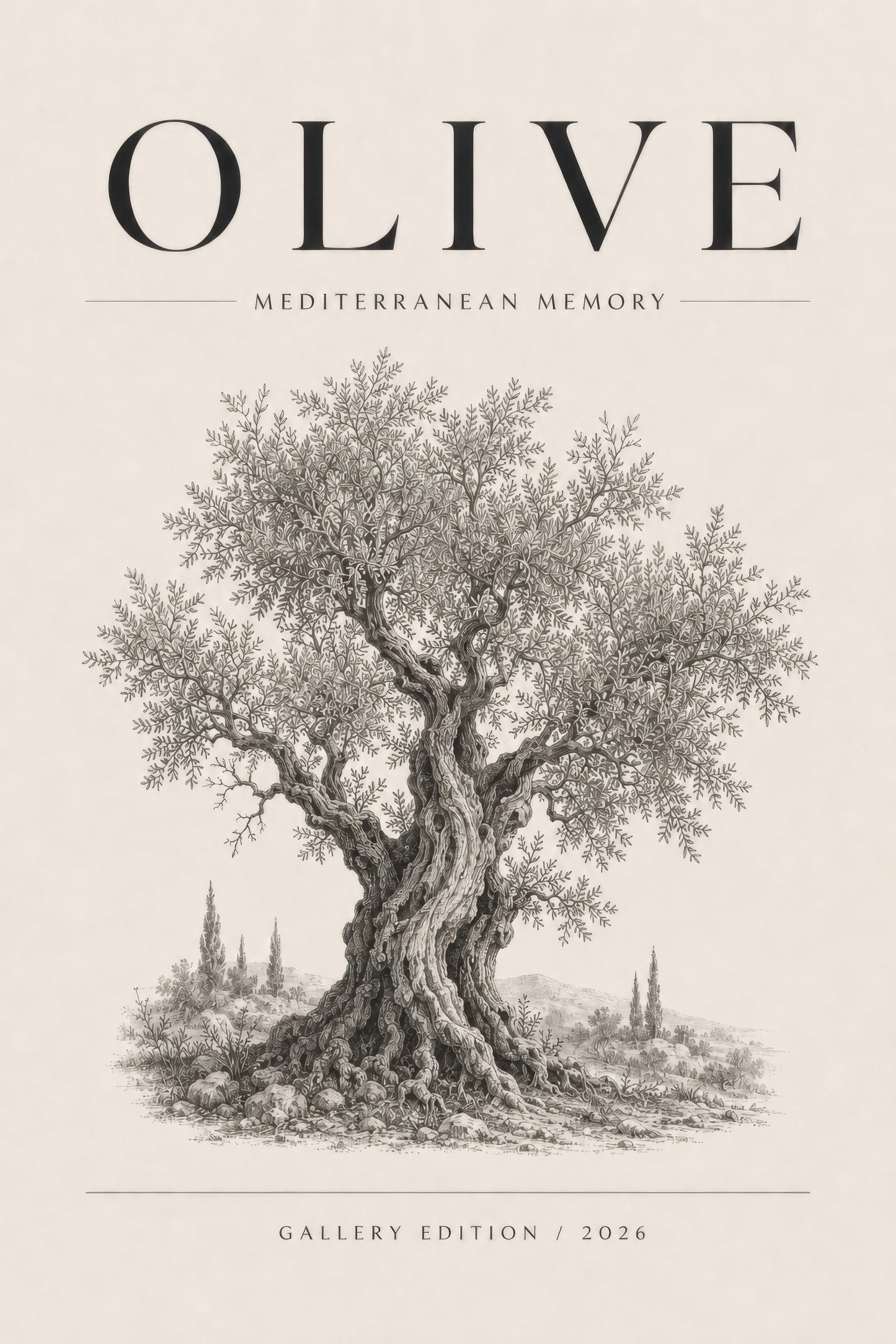 Bej Gri Zeytin Ağacı Botanik Vintage Duvar Tablosu