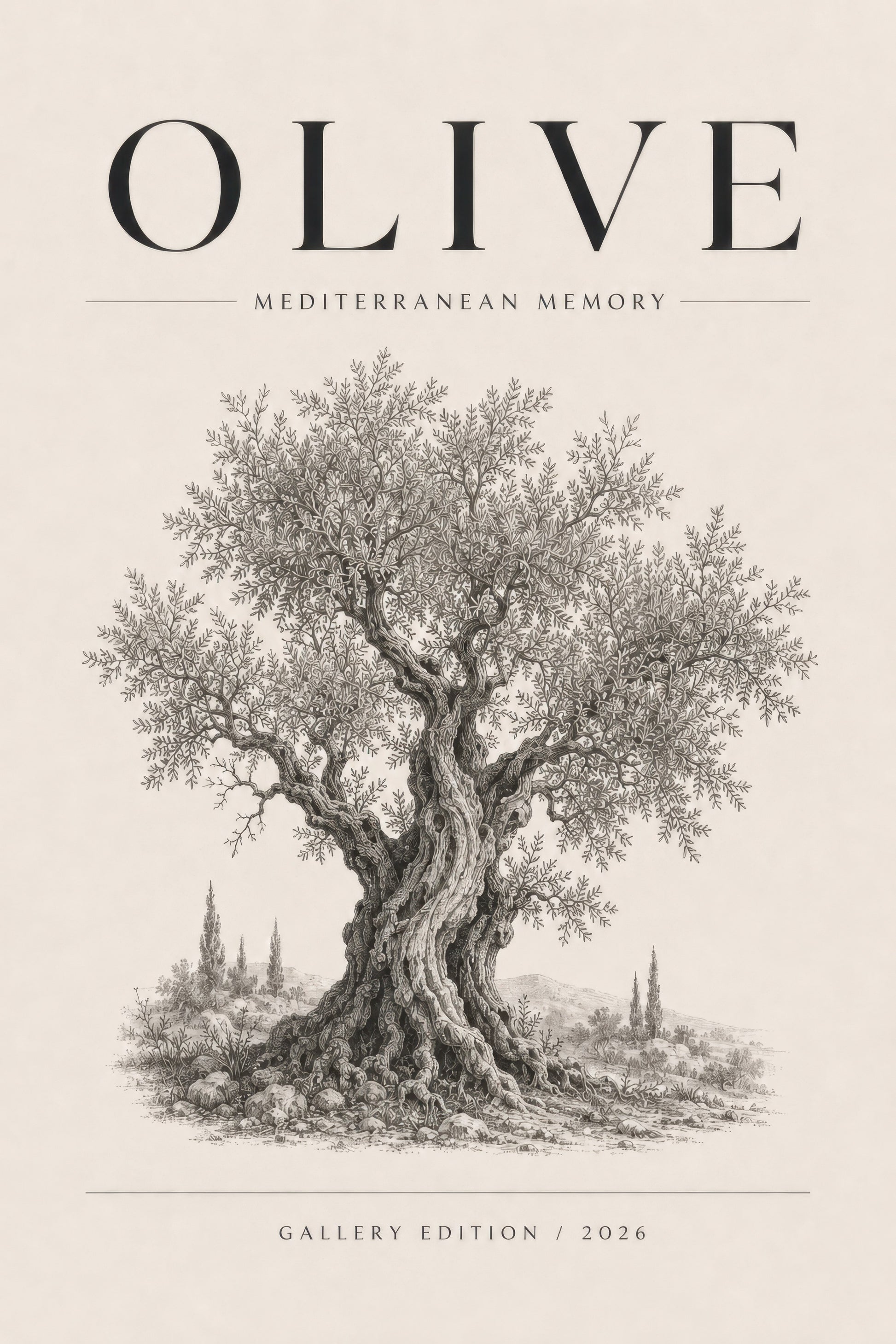 Bej Gri Zeytin Ağacı Botanik Vintage Duvar Tablosu