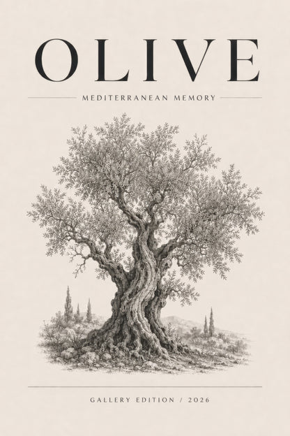 Bej Gri Zeytin Ağacı Botanik Vintage Duvar Tablosu
