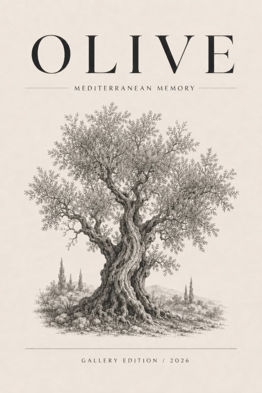 Bej Gri Zeytin Ağacı Botanik Vintage Duvar Tablosu