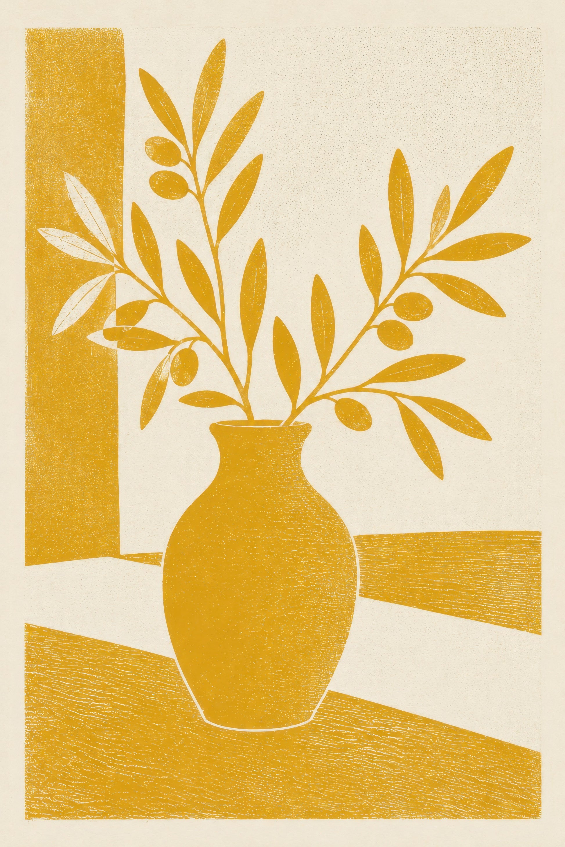 Sarı Krem Zeytin Dalı Vazolu Minimalist Duvar Tablosu