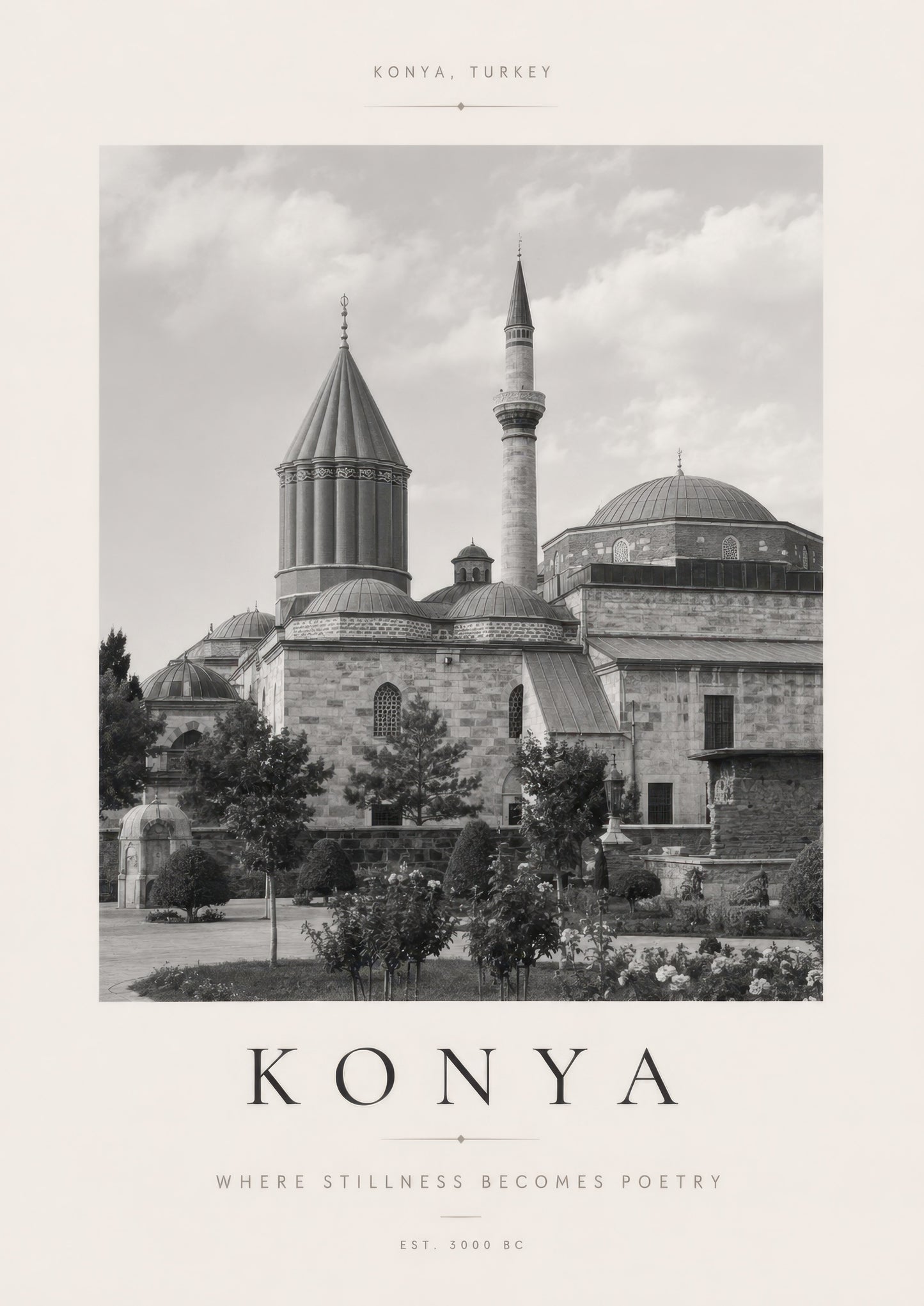 Siyah Beyaz Konya Mevlana Türbesi Tarihi Mimari Duvar Tablosu