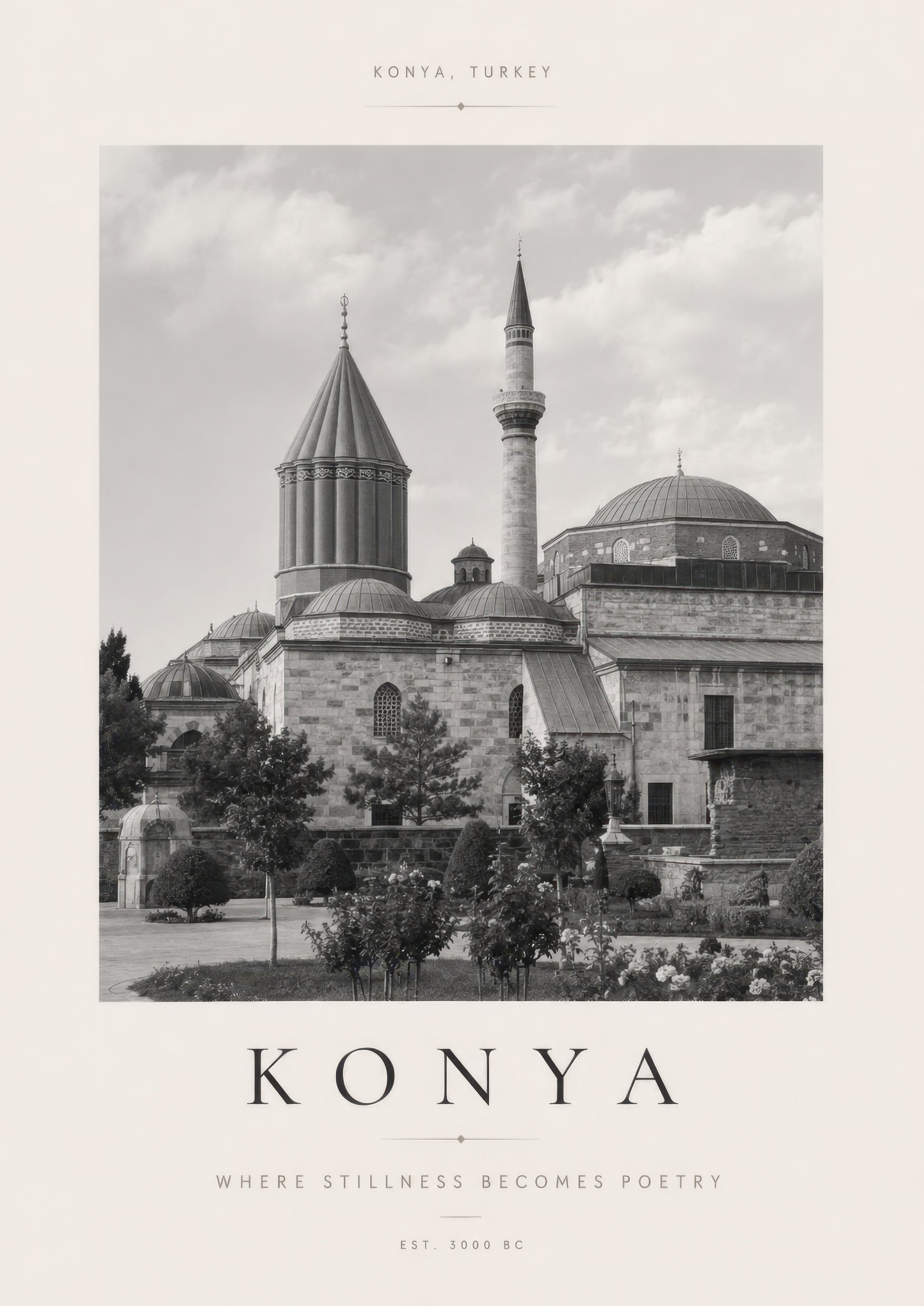 Siyah Beyaz Konya Mevlana Türbesi Tarihi Mimari Duvar Tablosu