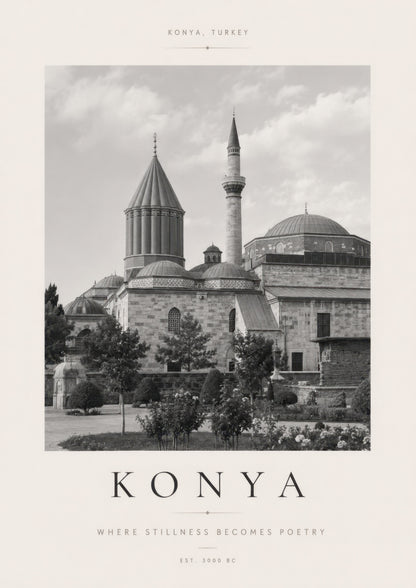 Siyah Beyaz Konya Mevlana Türbesi Tarihi Mimari Duvar Tablosu