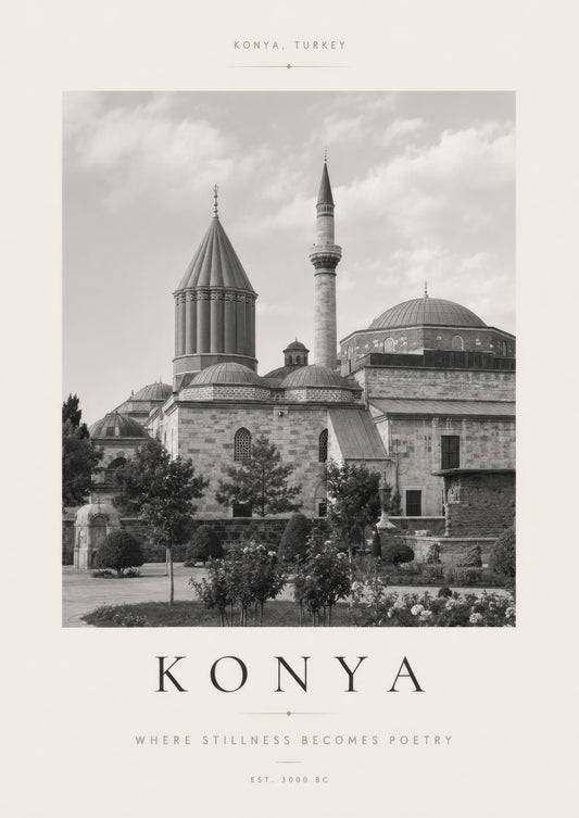 Siyah Beyaz Konya Mevlana Türbesi Tarihi Mimari Duvar Tablosu