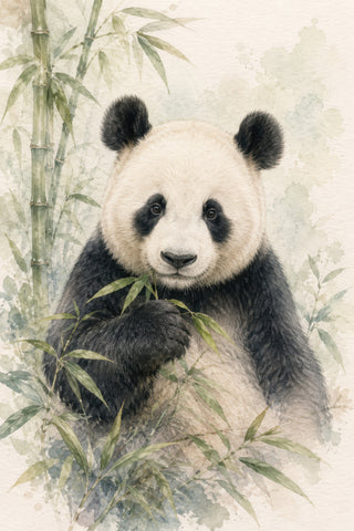 Yeşil Krem Panda Bambu Ormanı Suluboya Duvar Tablosu
