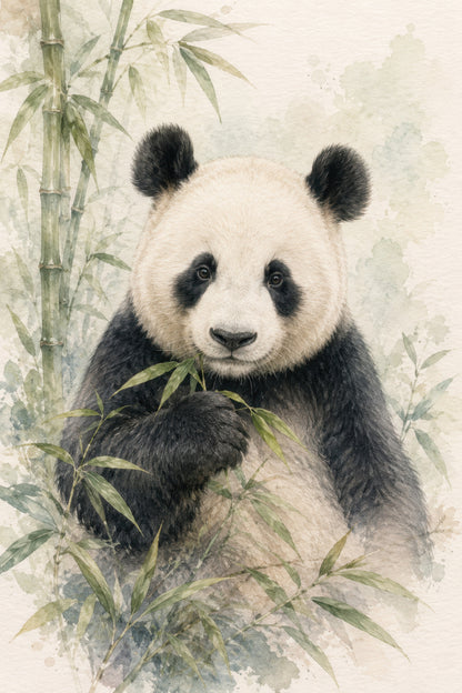 Yeşil Krem Panda Bambu Ormanı Suluboya Duvar Tablosu