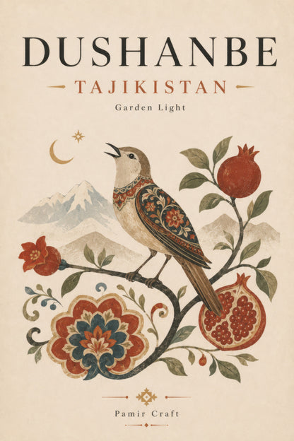 Bej Kırmızı Tacikistan Kuş ve Nar Motifli Orta Asya Duvar Tablosu