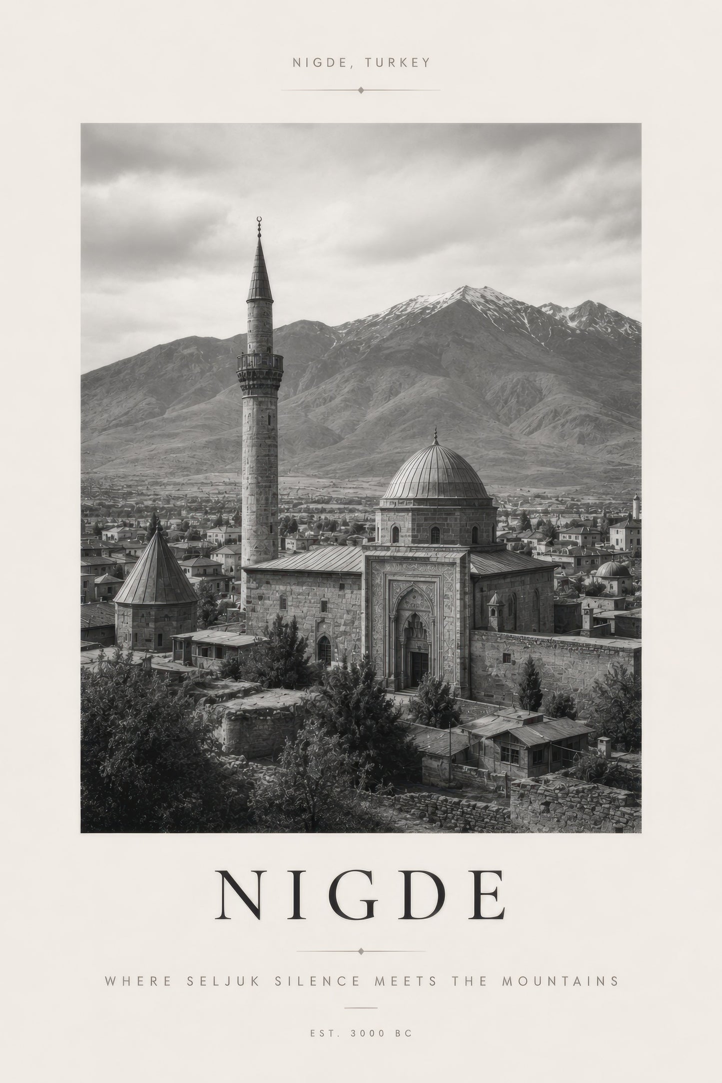 Siyah Beyaz Niğde Tarihi Cami Manzarası Mimari Duvar Tablosu