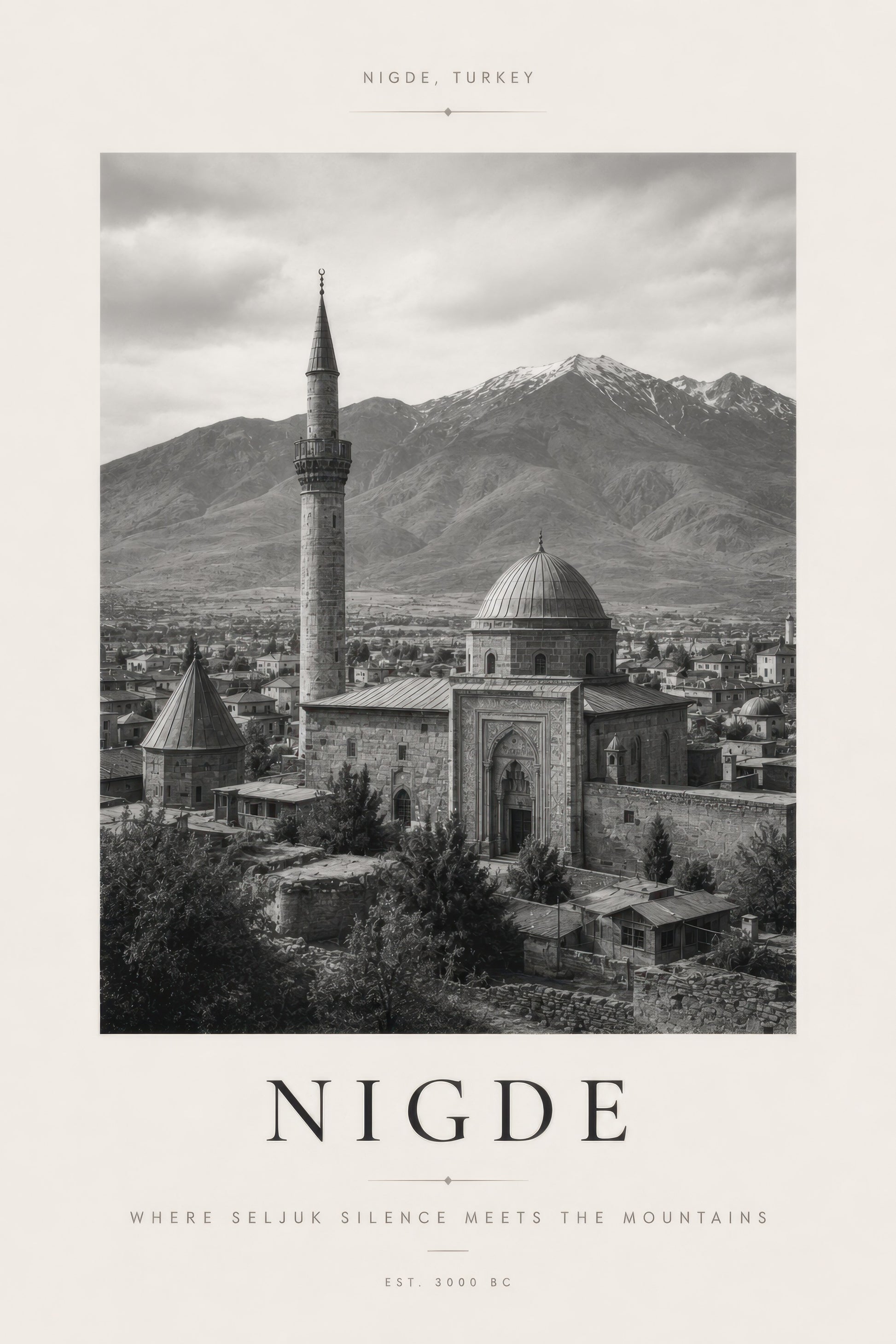 Siyah Beyaz Niğde Tarihi Cami Manzarası Mimari Duvar Tablosu
