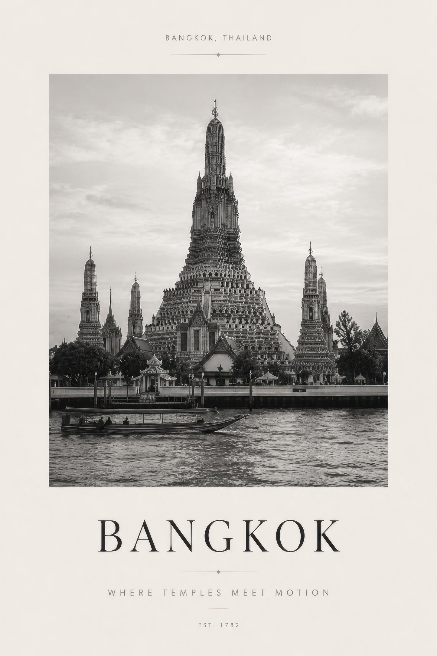 Gri Bej Bangkok Wat Arun Tapınağı Mimari Duvar Tablosu