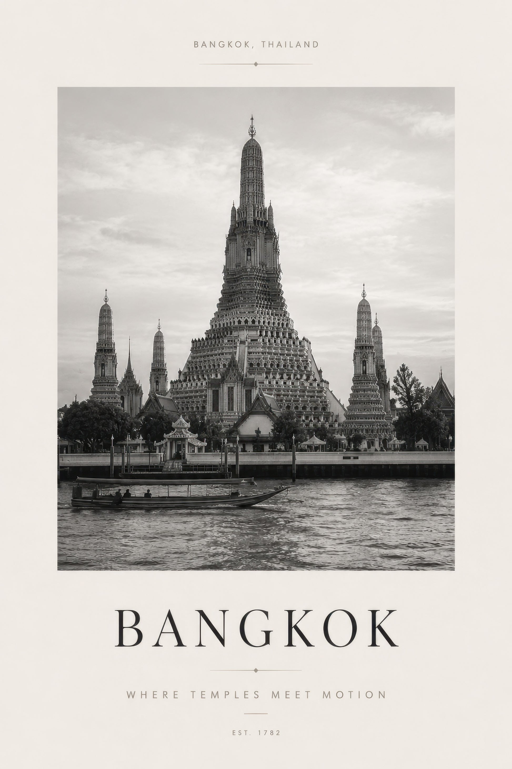 Gri Bej Bangkok Wat Arun Tapınağı Mimari Duvar Tablosu