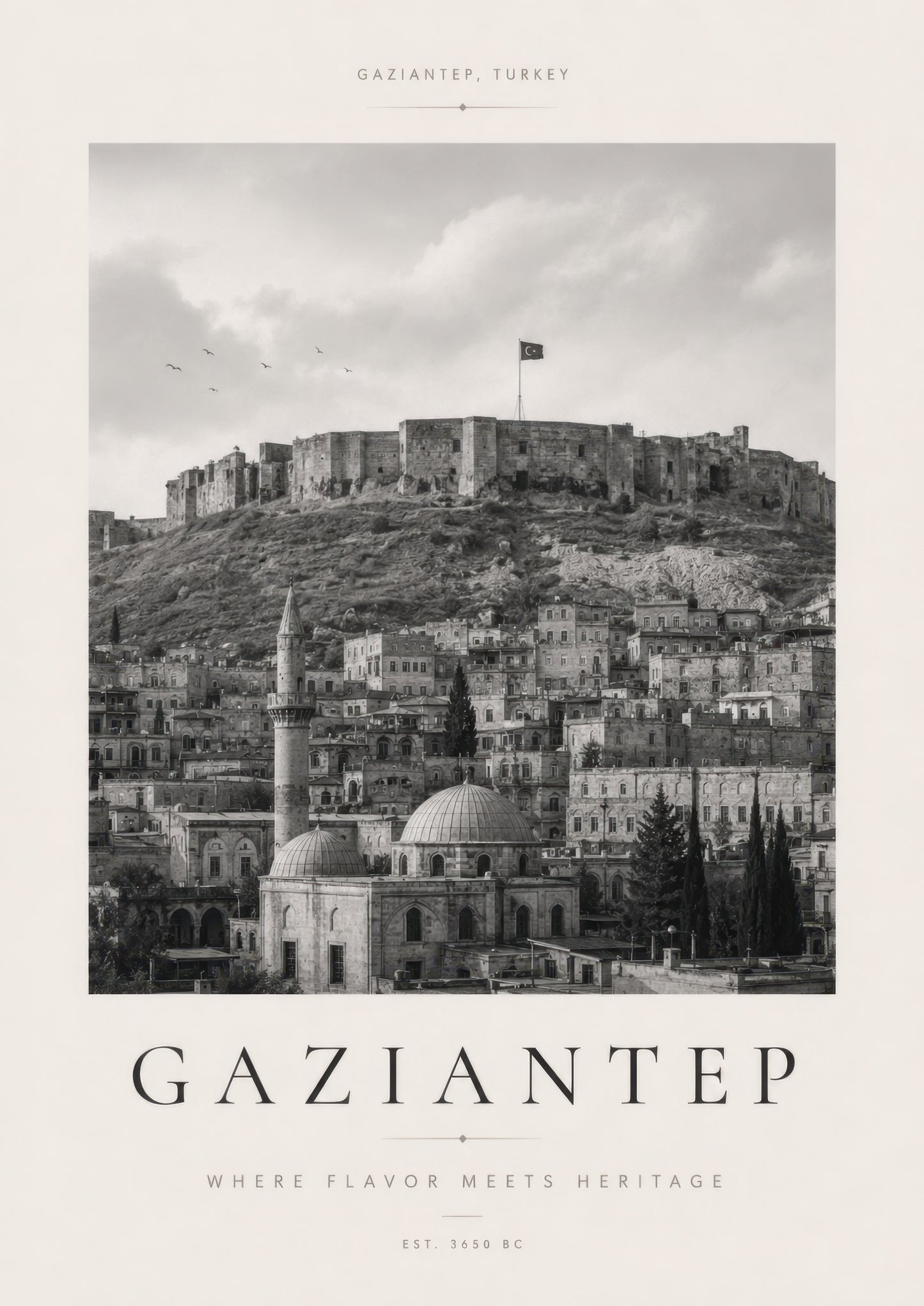 Siyah Beyaz Gaziantep Kalesi Tarihi Mimari Duvar Tablosu