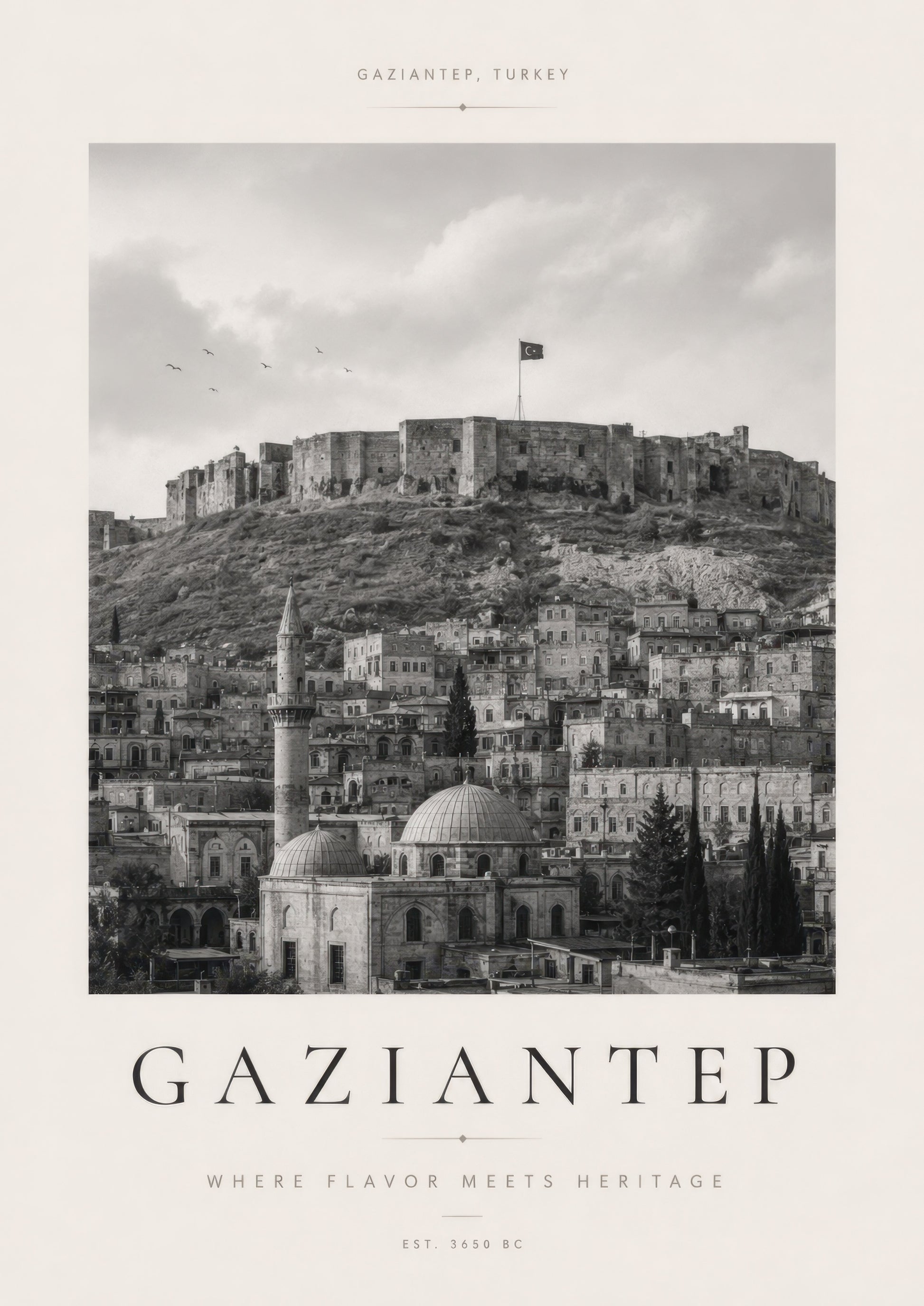 Siyah Beyaz Gaziantep Kalesi Tarihi Mimari Duvar Tablosu