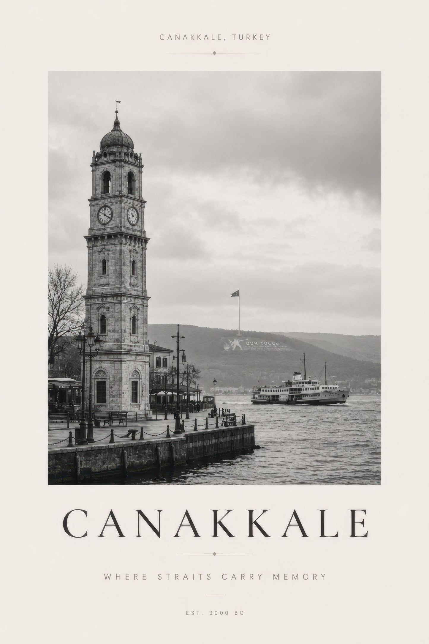 Gri Beyaz Çanakkale Saat Kulesi Nostaljik Fotoğraf Duvar Tablosu